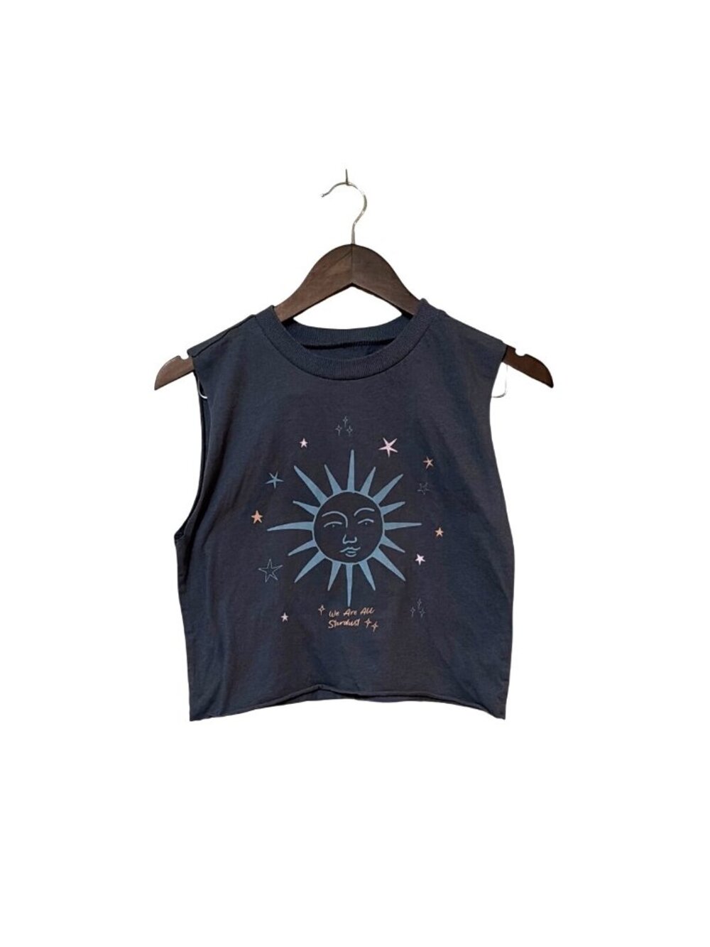 Grayson Threads‎ Womens Gray Sleeveless Crop Tank Top With Sun & Stars Print XS